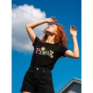 Women's Black Short Sleeve Tee with Colorful Pixar-Inspired Graphic